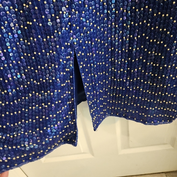 Vintage DejaVu 100% Silk Fully Beaded & Sequined Navy & Gold Size Large - Picture 7 of 7
